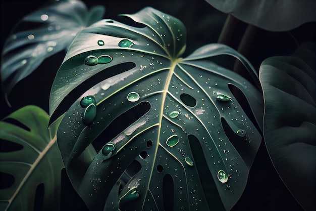 A close up of a leaf with water drops on it