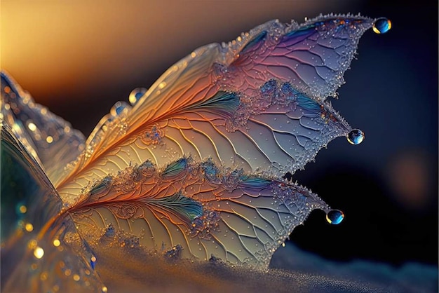 A close up of a leaf with the water drops on it