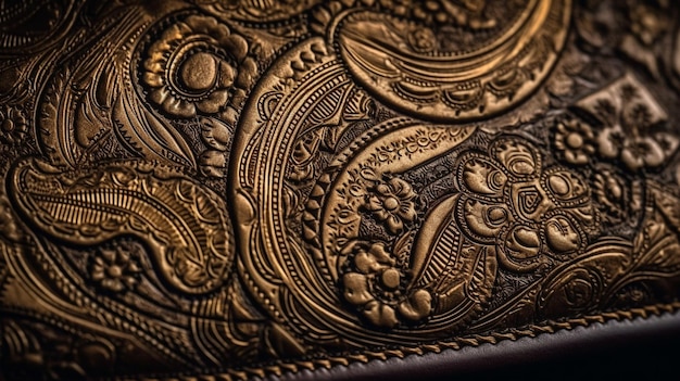 A close up of a leather bag with a floral pattern.