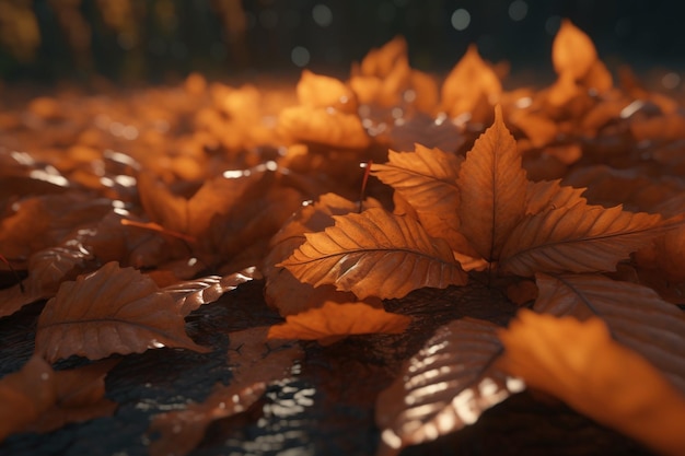 A close up of leaves in a puddle with the sun shining on them.