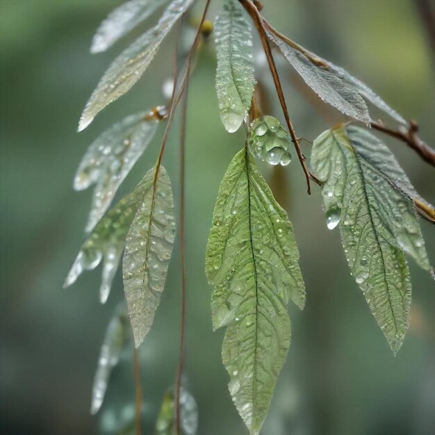 a close up of leaves with water drops on them