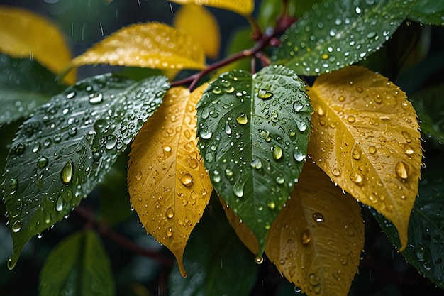 Photo a close up of leaves with water drops on them