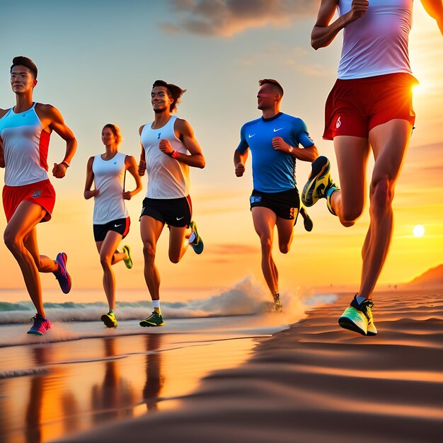 Close up legs runner group running on sunrise seaside