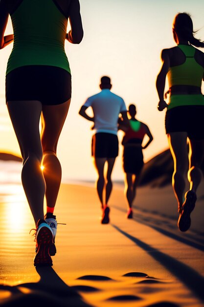 Close up legs runner group running on sunrise seaside