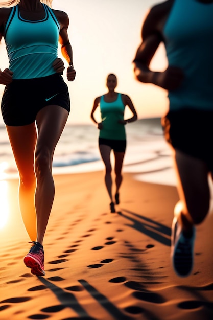 Close up legs runner group running on sunrise seaside