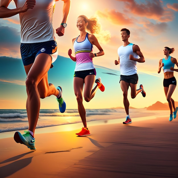 Close up legs runner group running on sunrise seaside