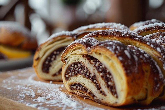 A close up of a lemon bundt cake babka with powdered sugar on top