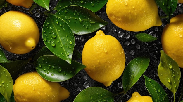 A close up of lemons with green leaves on a black background