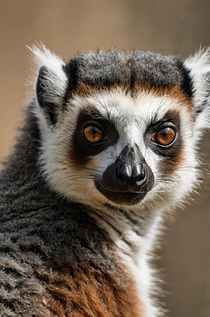 a close up of a lemur with a brown eye and a black and white face