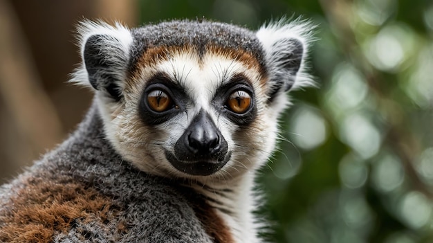 a close up of a lemur with orange eyes