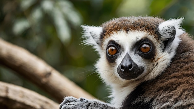 a close up of a lemur with orange eyes