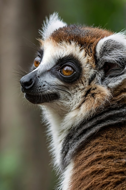 a close up of a lemur with orange eyes