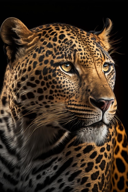 Close up of a leopards face on a black background generative ai