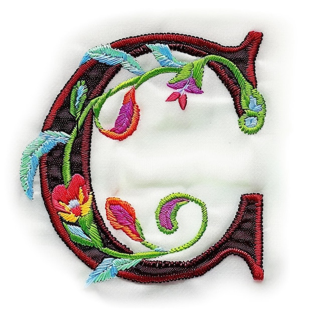 A close up of a letter c with flowers on it embroidery on white background