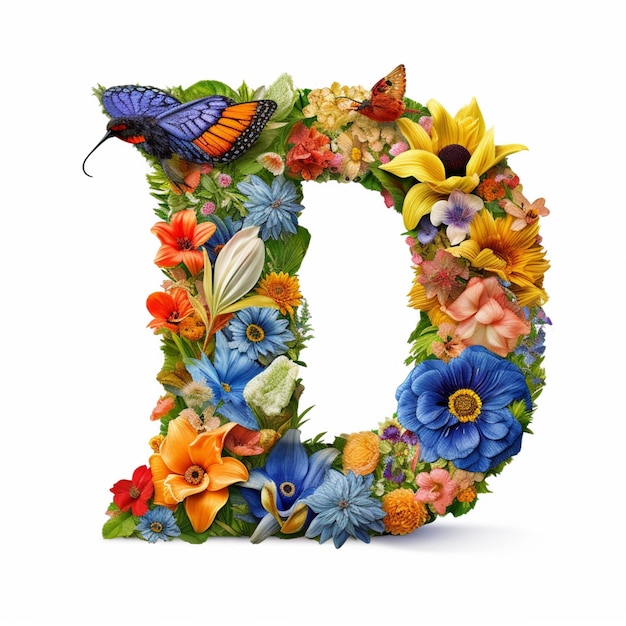 A close up of a letter d made of flowers and butterflies generative ai