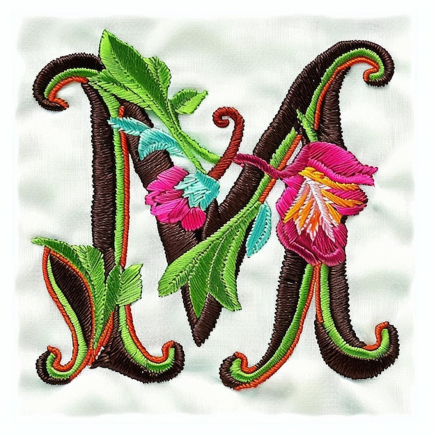 Photo a close up of a letter m with a flower on it embroidery on white background