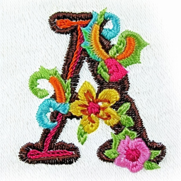 A close up of a letter with flowers on it embroidery on white background