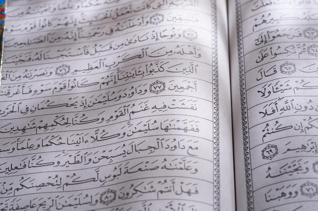 Close up light on open holy bookk Koran