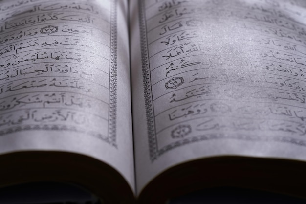 Close up light on open holy bookk Koran