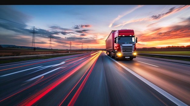 close up of the lights on an empty motorway with red lorry driving at high speed motion