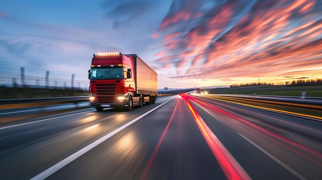 close up of the lights on an empty motorway with red lorry driving at high speed motion