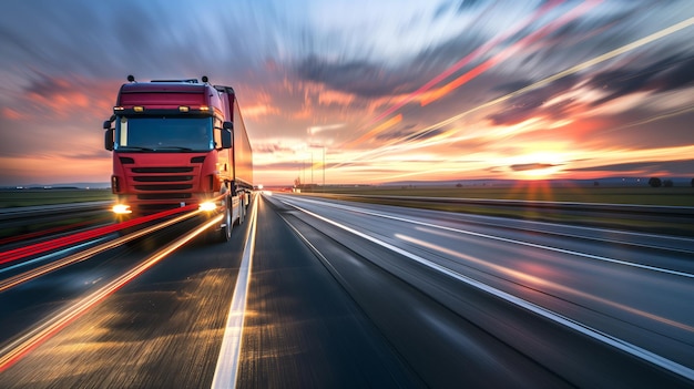 close up of the lights on an empty motorway with red lorry driving at high speed motion