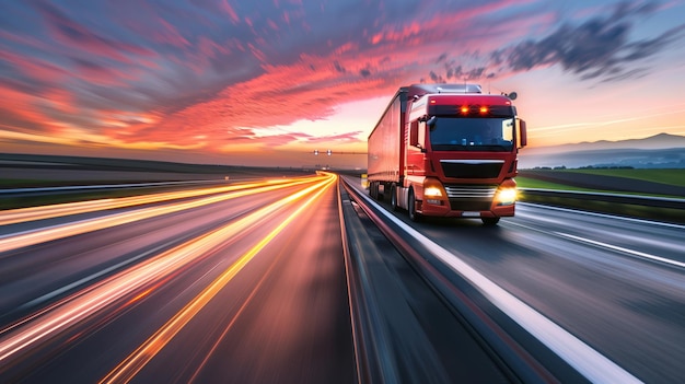 close up of the lights on an empty motorway with red lorry driving at high speed motion