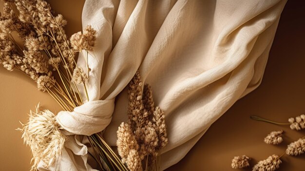 A close up of a linen curtain with wheat flowers