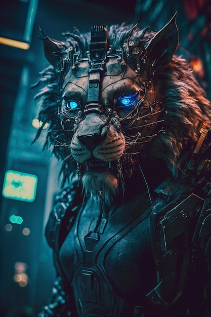 close up of lion in cyberpunk style on dark background, generative ai