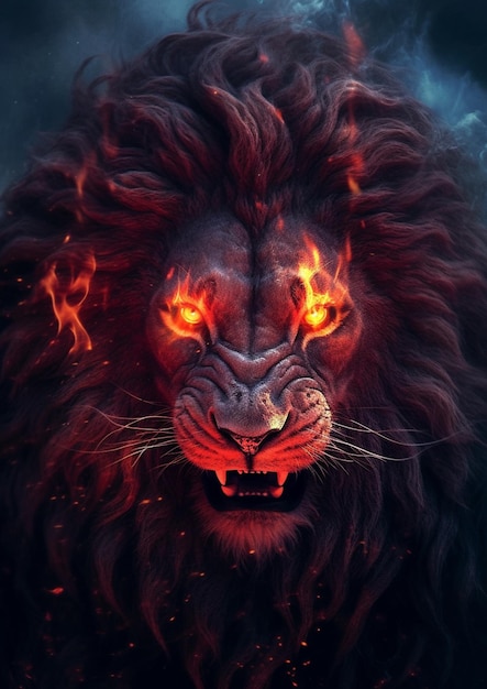 a close up of a lion with fire on its face generative ai