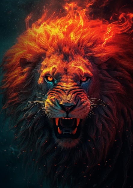 a close up of a lion with a fire on its face generative ai