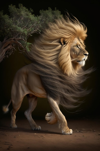 Close up of lion with long mane and generative ai