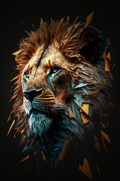 Close up of a lions face on a black background generative ai