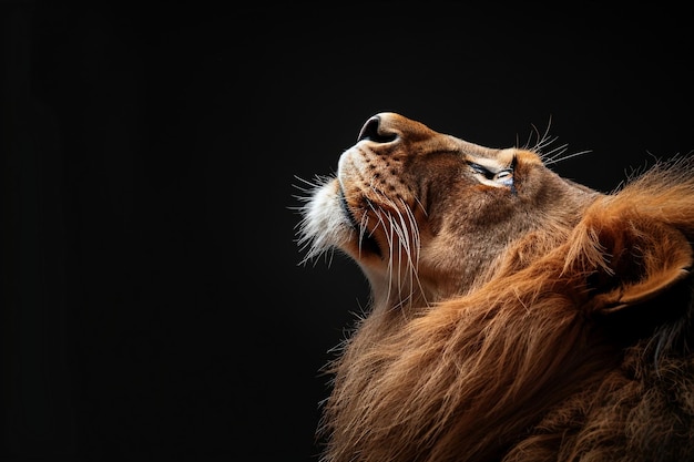 A close up of a lions face with a black background