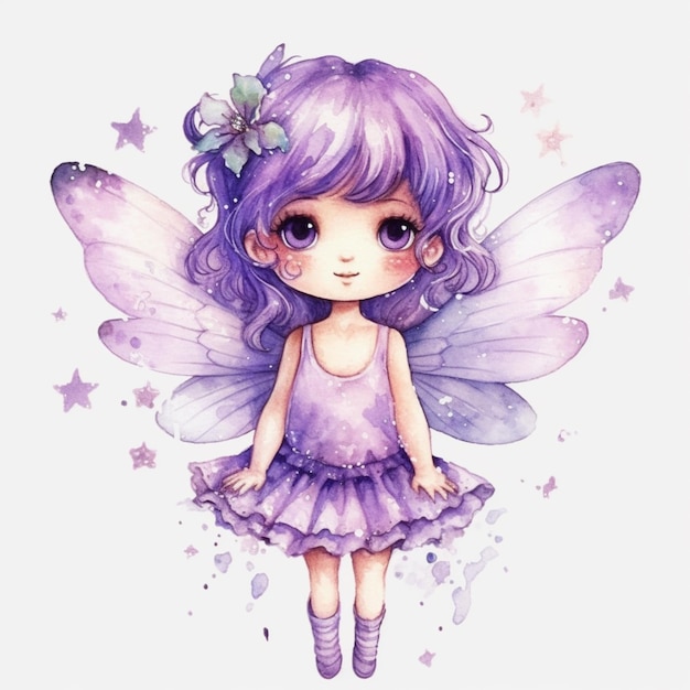 a close up of a little fairy with purple hair and a purple dress generative ai