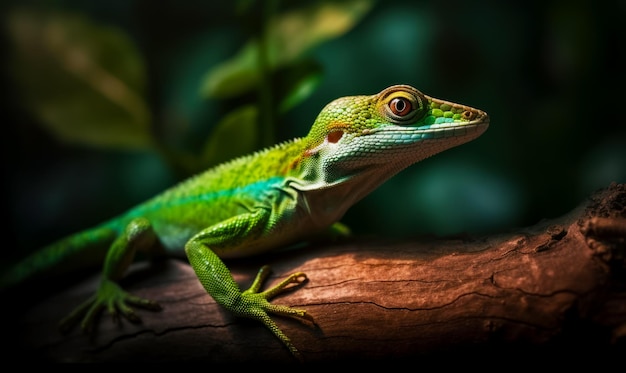 Close up of lizard on branch with leaves in the background Generative AI