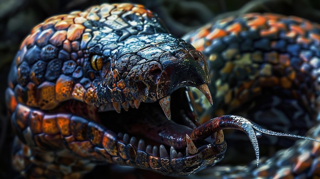 a close up of a lizard with a snake on its head