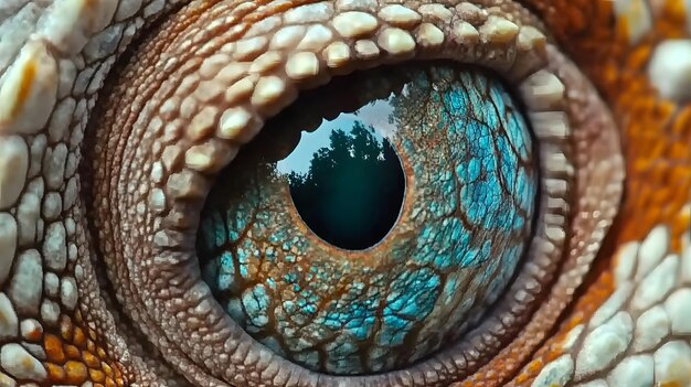 Photo a close up of a lizards eye with a blue and green pattern