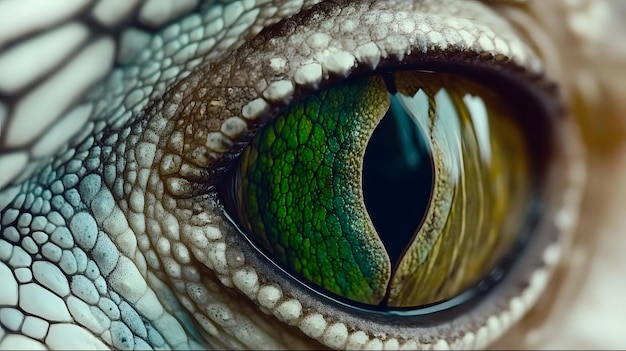 a close up of a lizards eye with a green and white eye