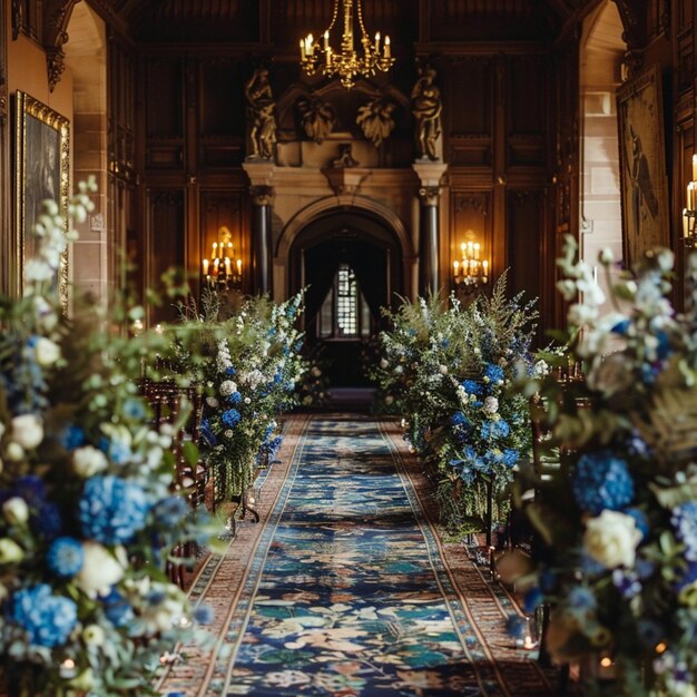 a close up of a long aisle with blue flowers and candles generative ai