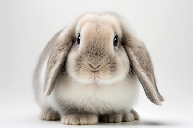 Close up of a Lop Rabbit looking at the camera in front of a white background