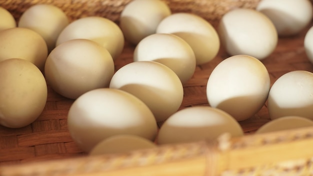 close up lots of salted eggs in the basket