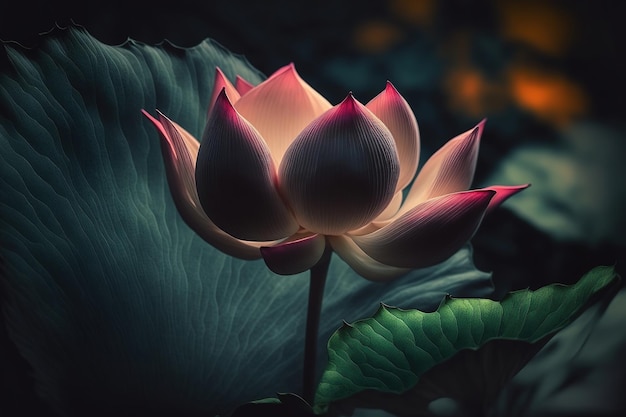 Close-up Lotus flower with green leaf on greenery blurred background in, digital art