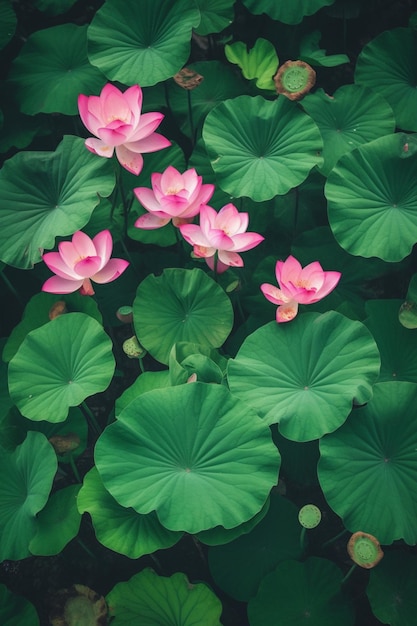 A close up of lotus flowers in a pond