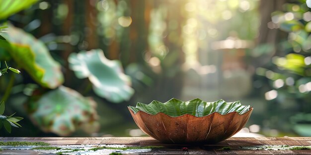 Photo close up of a lotus shape bowl on a clean wooden surface and a blurry nature backdrop with a big space on it for text or background use generative ai