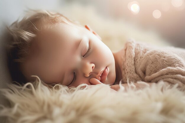 Close up of a lovely baby sleeping alone with copyspace background