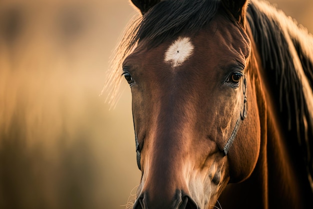 Close up of a lovely brown horse against a hazy background