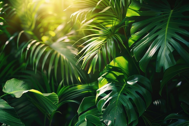 Close up of lush green tropical jungle with palm leaves in sunshine beauty in nature banner for wall