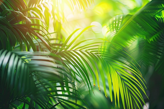 Close up of lush green tropical jungle with palm leaves in sunshine beauty in nature banner for wall