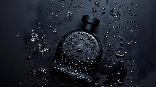 Photo close up of a luxurious perfume bottle with water droplets on a minimalist black background